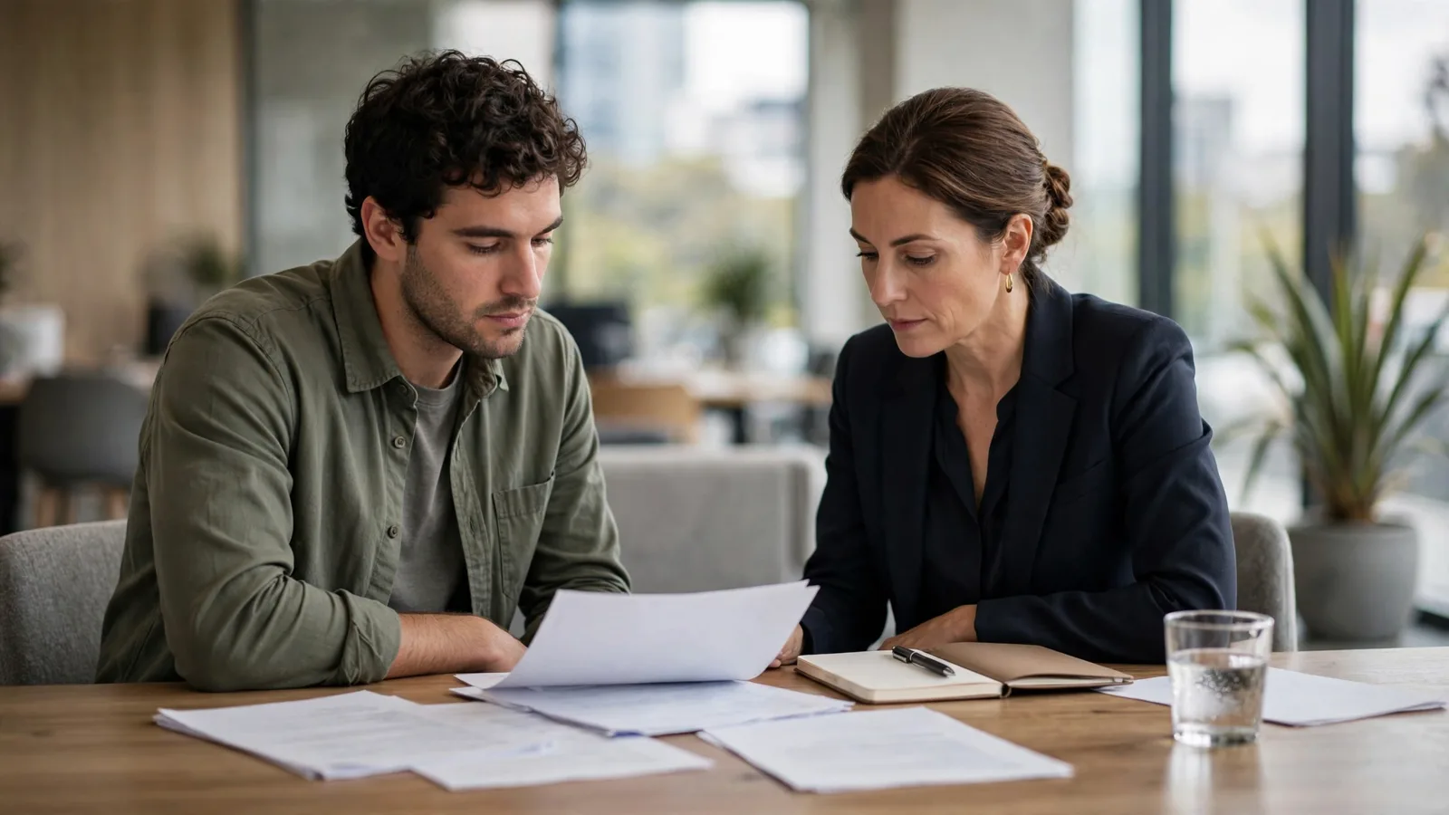 Employee and manager reviewing employment documents together at a desk in a New Zealand office