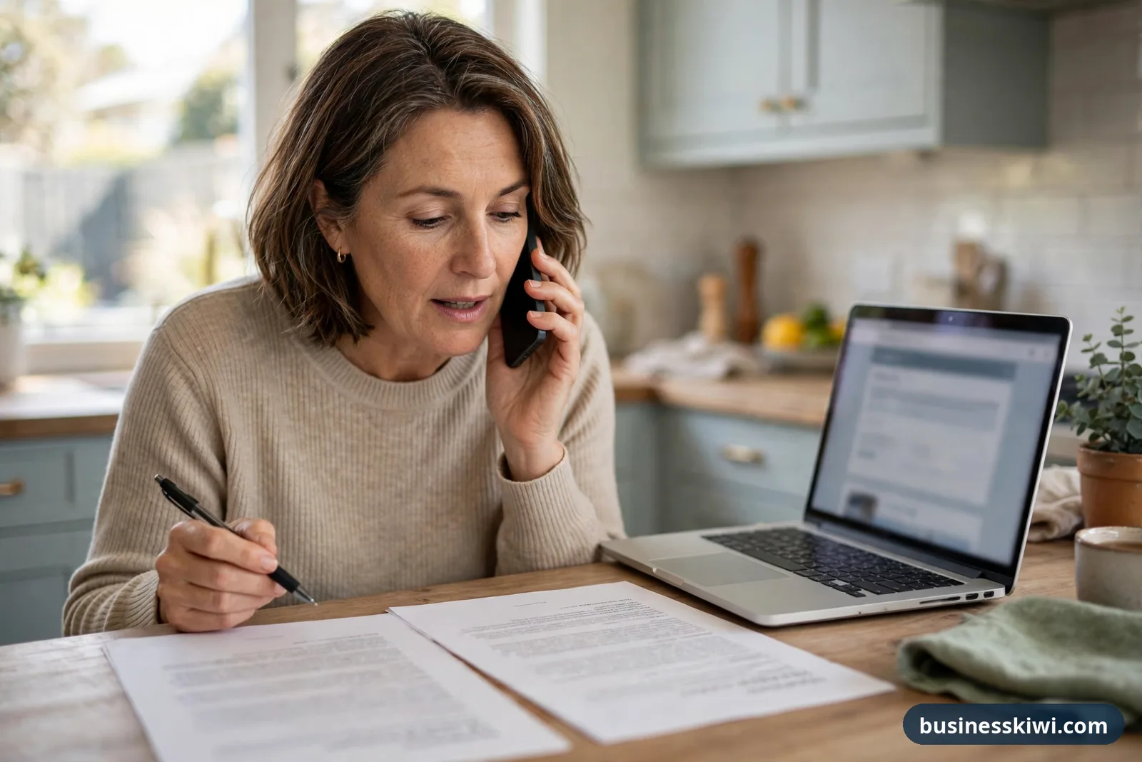 Woman phoning her bank to ask questions about a home loan switch offer, with two offer letters on the bench businesskiwi.com