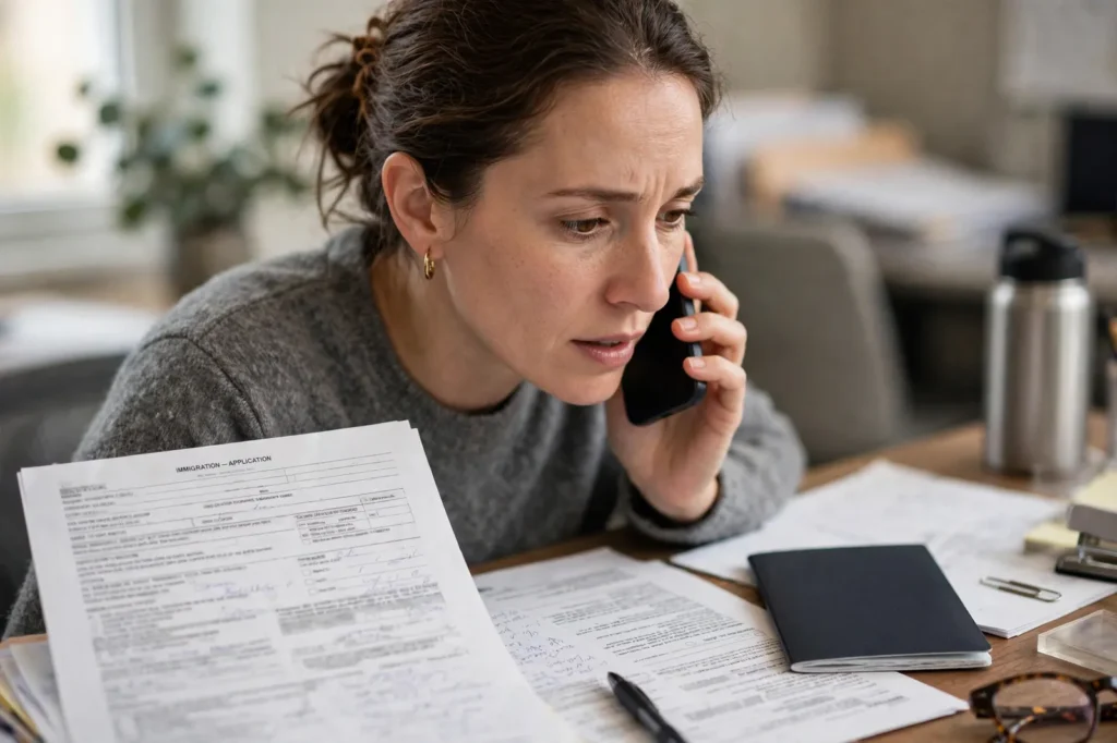 A woman phoning Immigration New Zealand about her application