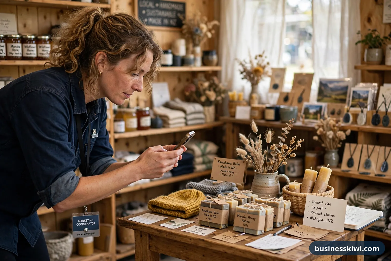A marketing coordinator photographing handmade NZ products, kawakawa balm and mānuka honey soap, on a shop table for social media content, businesskiwi.com
