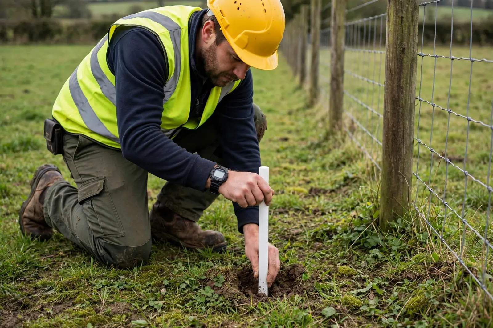 Placing a boundary peg beside a fence