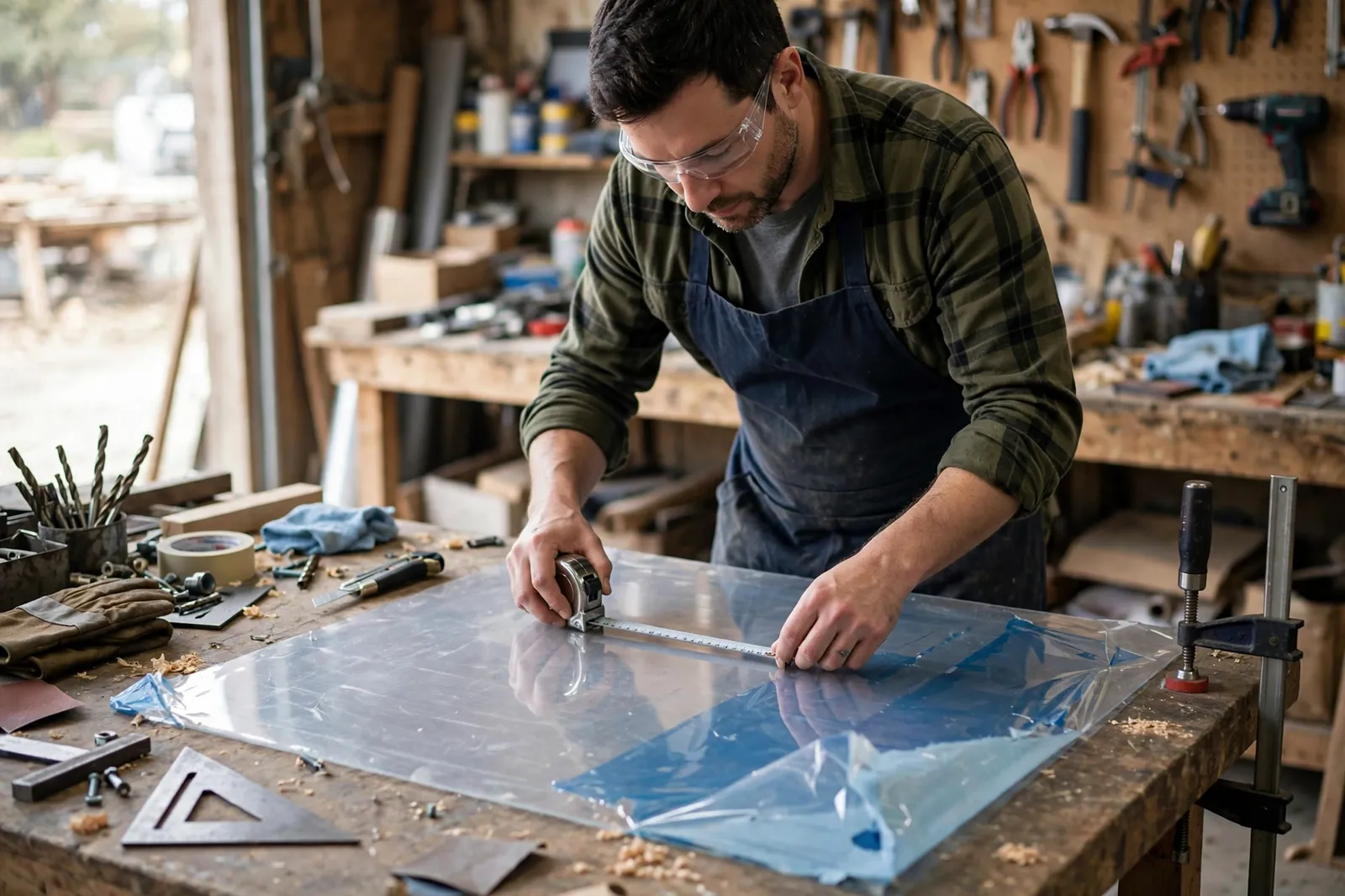 A tradesperson measuring a clear plastic sheet in a workshop