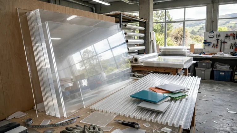 Clear acrylic and polycarbonate sheets stacked in a plastics workshop with twinwall sheet and coloured samples