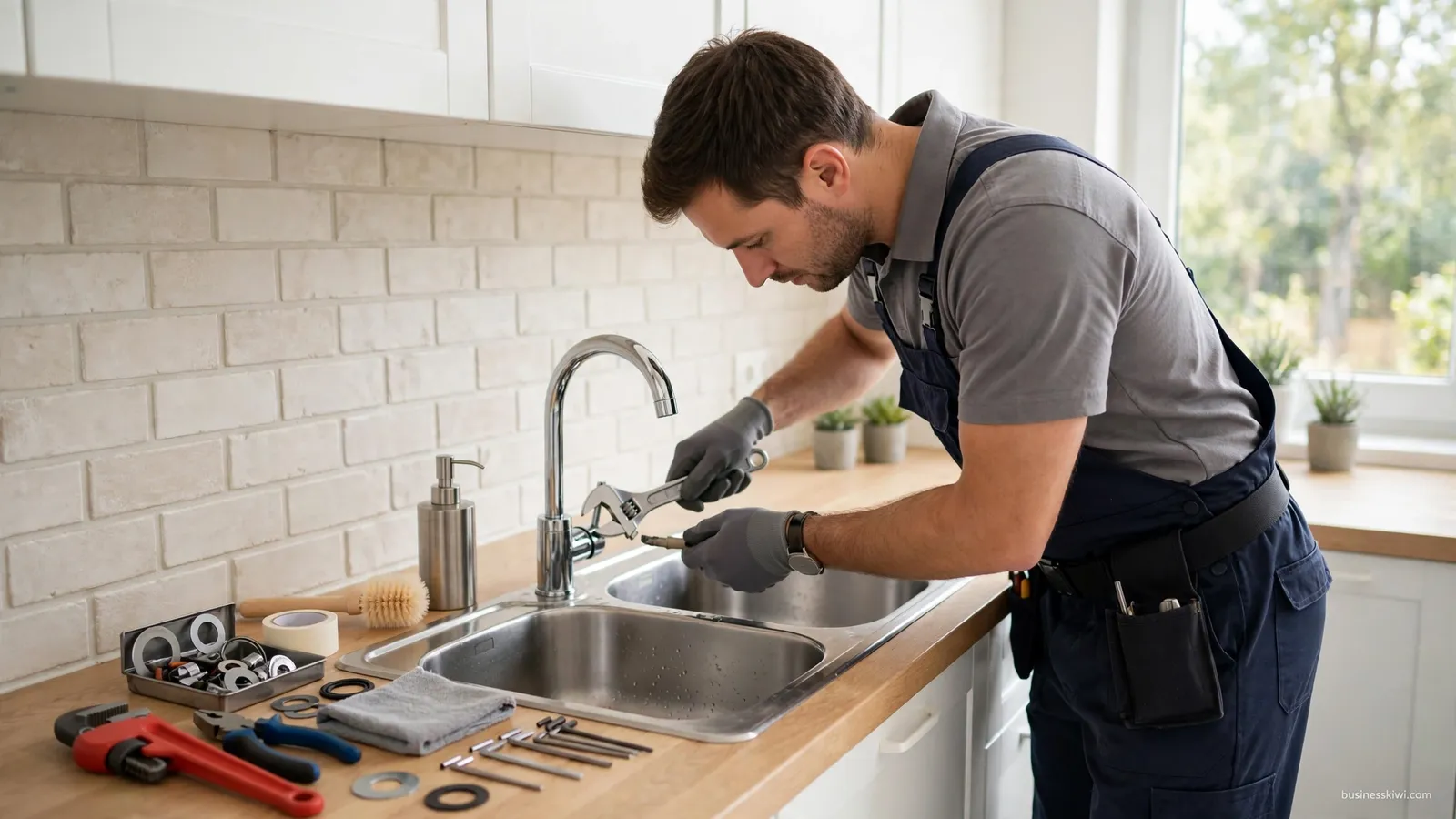 A plumber repairing a kitchen tap