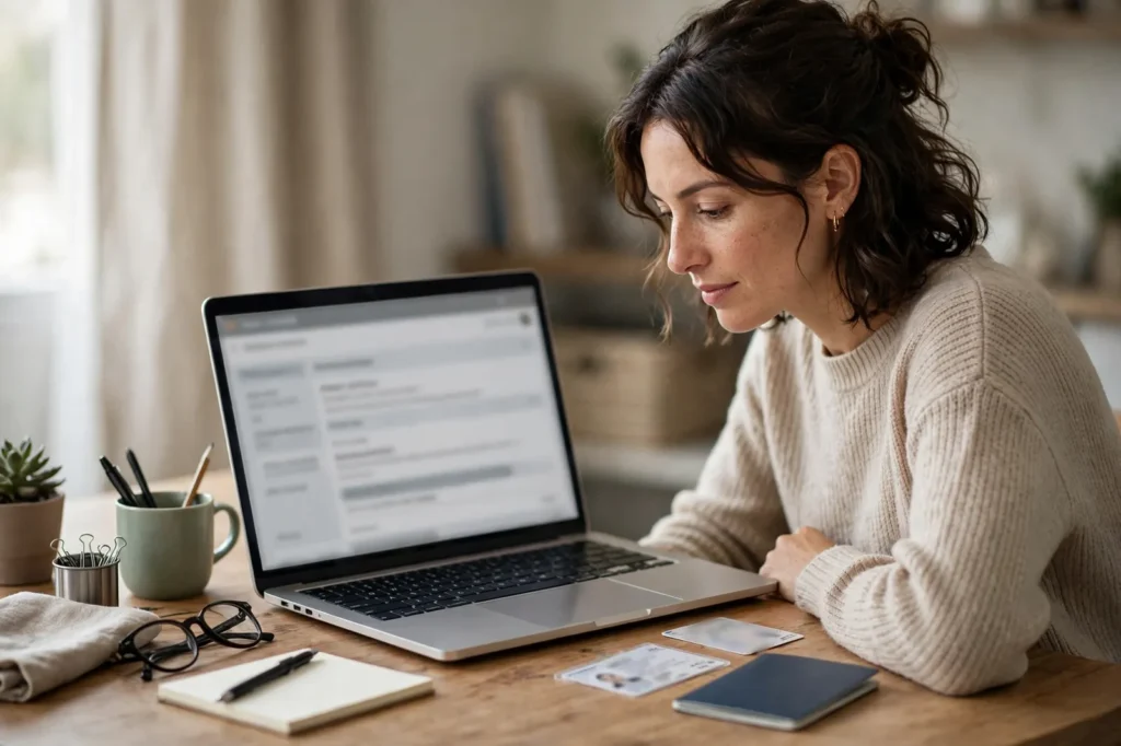 A woman applying for a police check online with her ID beside the laptop