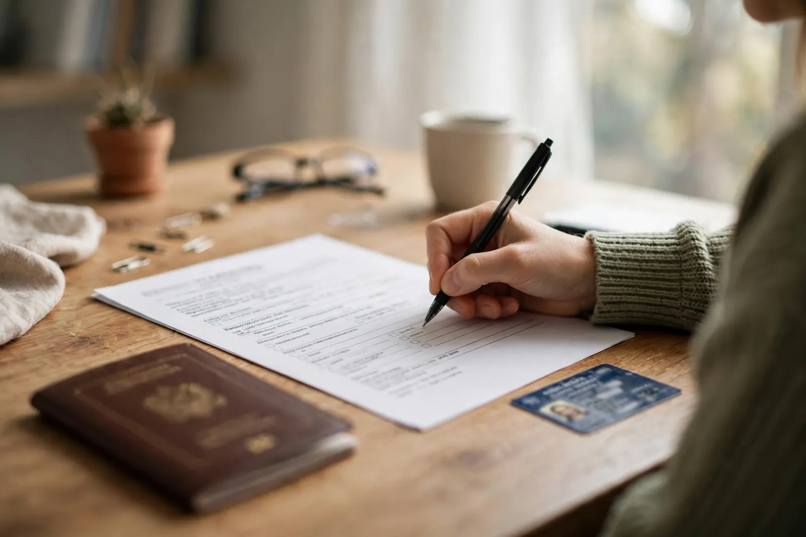 Person completing a police check application form at a desk with a passport and driver licence beside them