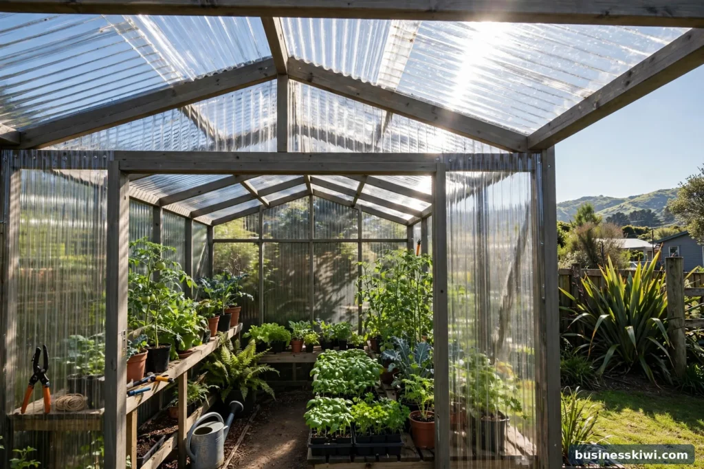 A greenhouse roofed and walled with clear corrugated polycarbonate sheet