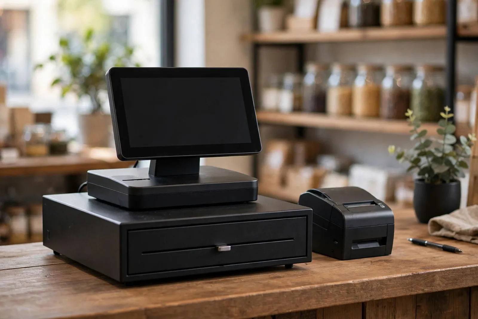 A point of sale terminal with cash drawer and receipt printer on a shop counter