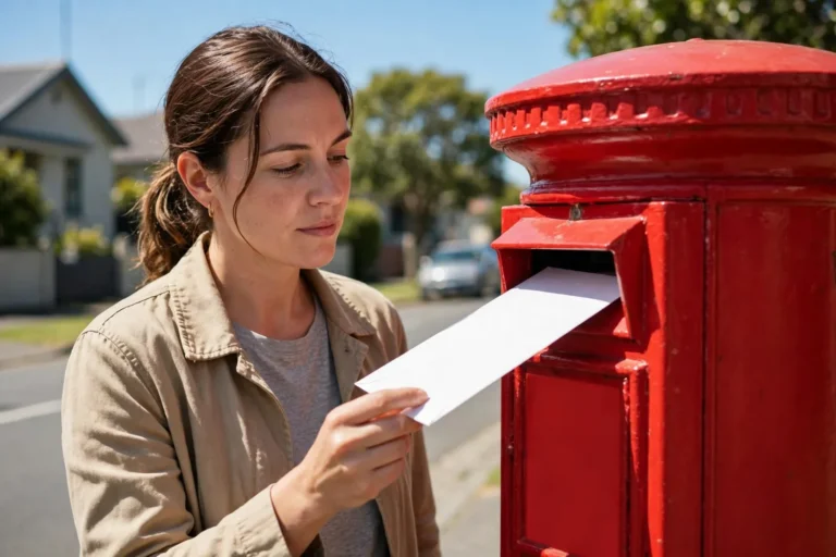 A woman posting a letter into a red street posting box
