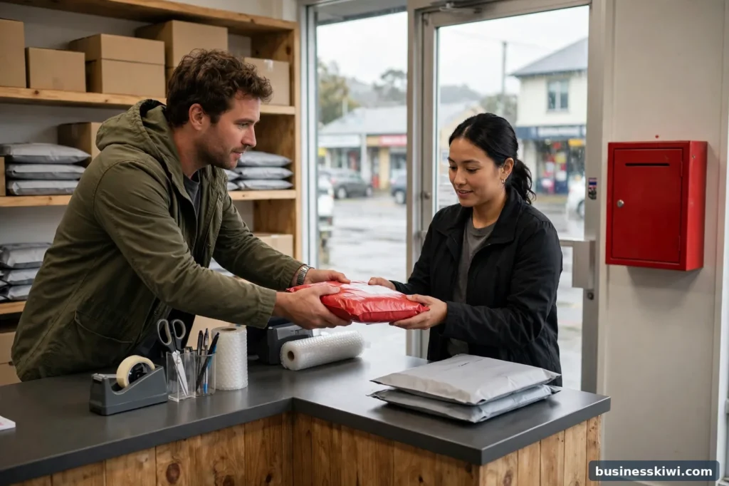 A customer handing a parcel to staff at a post shop counter