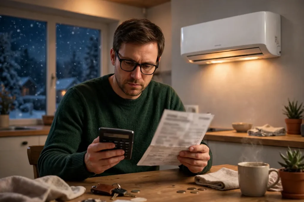 A householder checking a winter power bill with a calculator