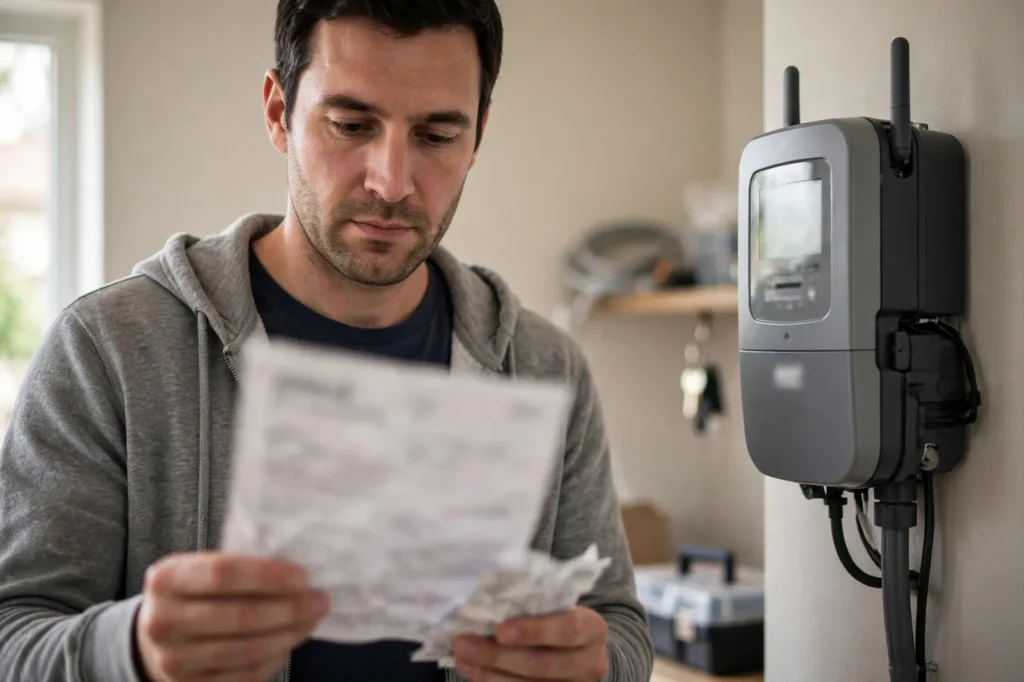 A householder checking a power bill beside a smart meter
