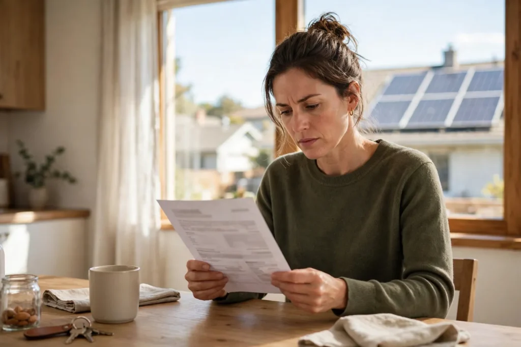 A homeowner reading a power bill with solar panels visible through the window