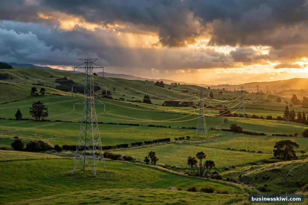 Transmission pylons carrying power across New Zealand farmland