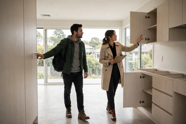Buyer and real estate agent inspecting cupboards and light switches in an empty New Zealand home before settlement