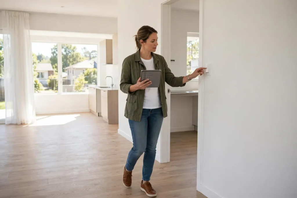A buyer testing light switches during a pre-settlement inspection of an empty house