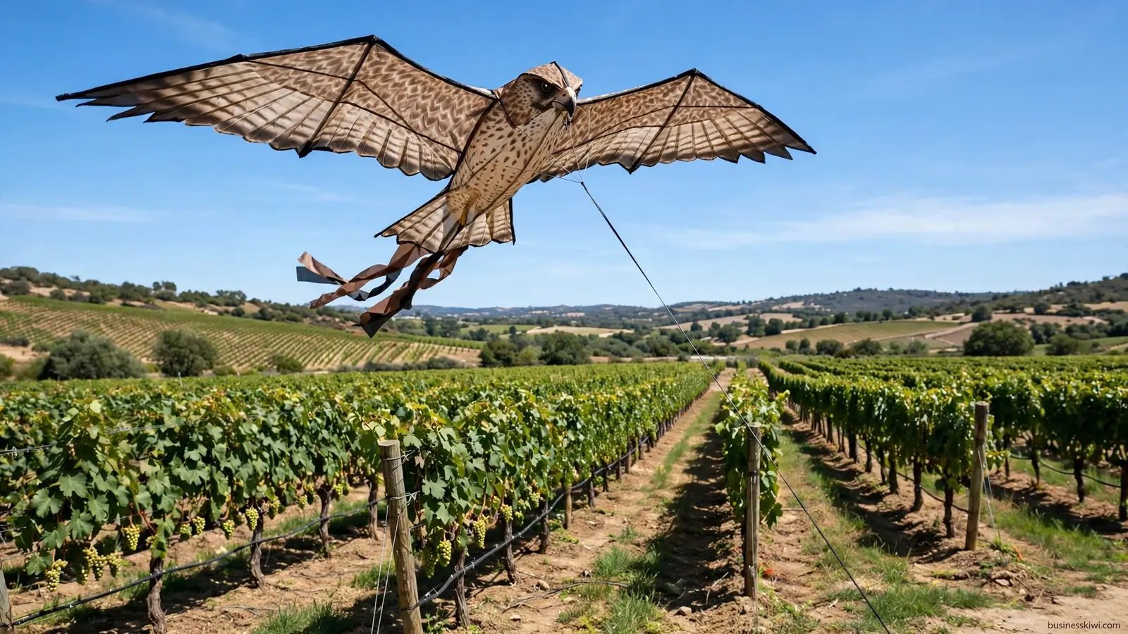 A predator kite over a vineyard