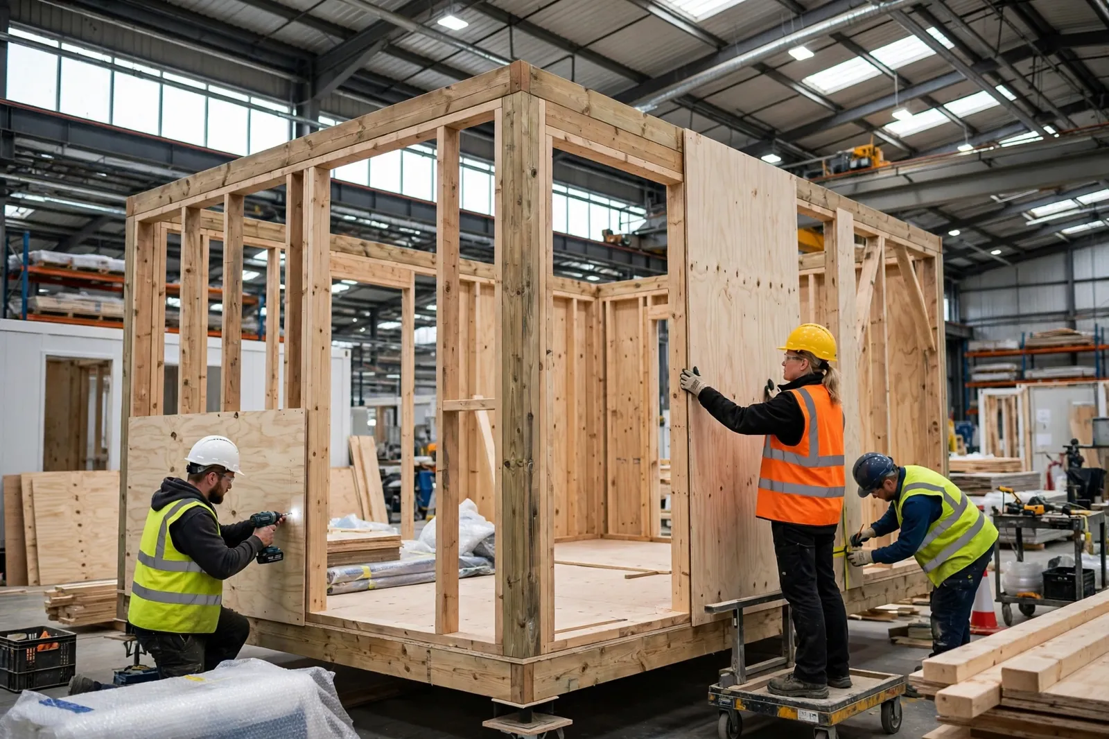 Workers building a prefabricated home module inside a factory