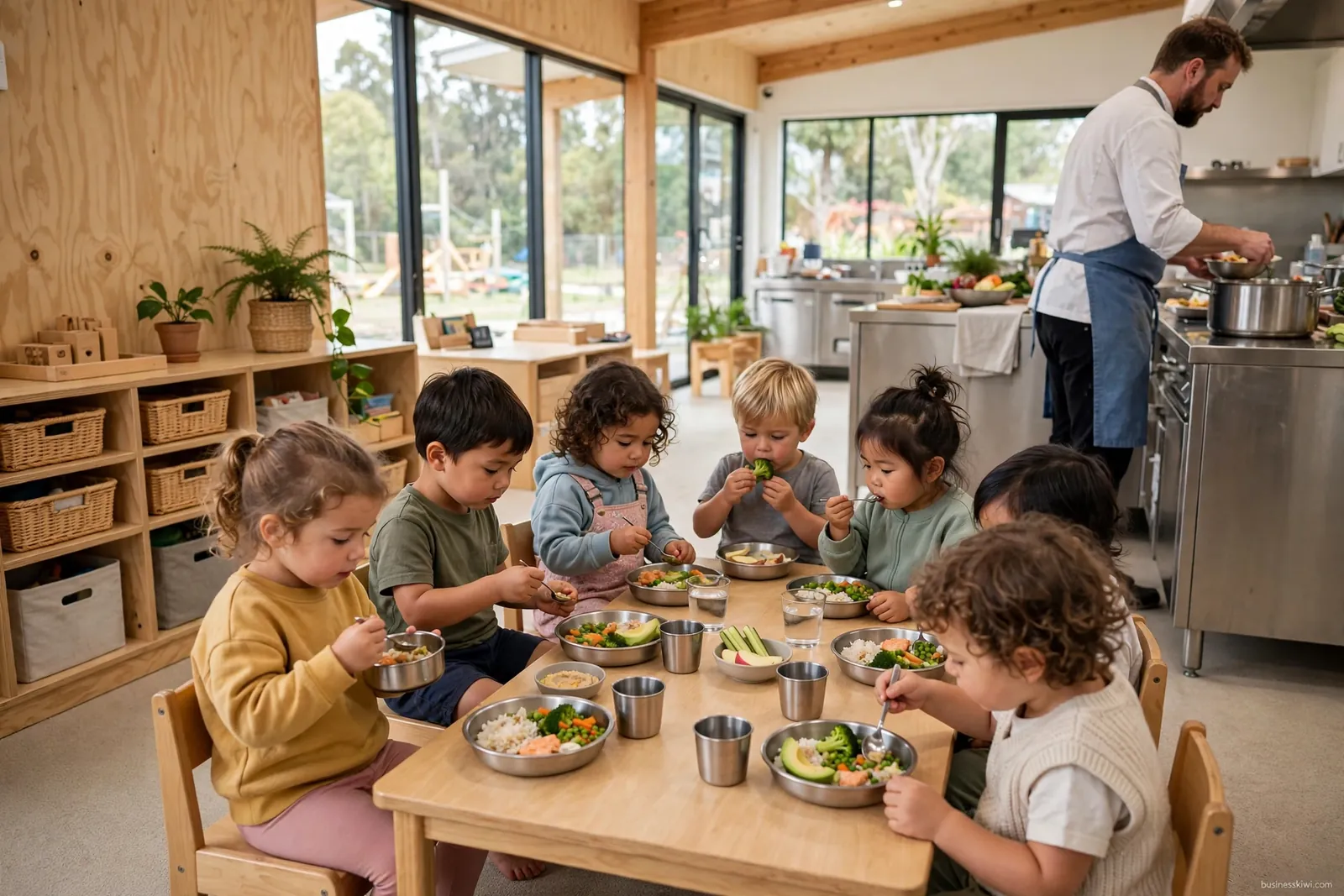 Preschool children eating lunch prepared by the centre chef