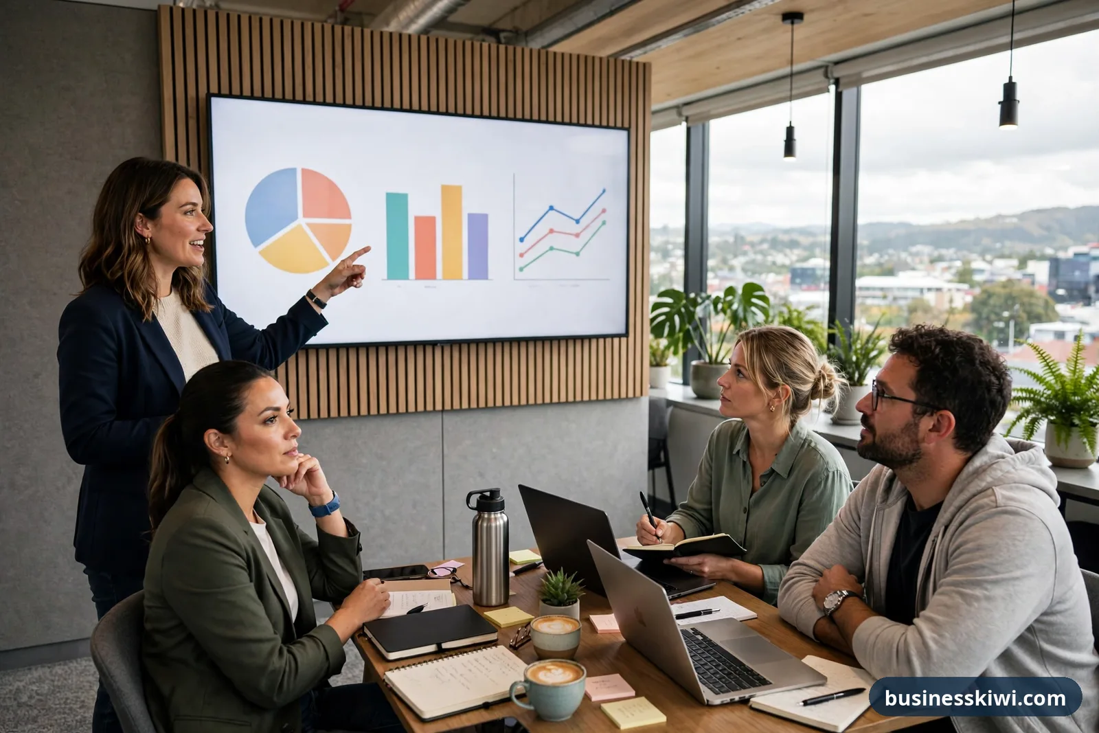 A marketing coordinator presenting campaign results charts on a screen to colleagues around a meeting table, businesskiwi.com