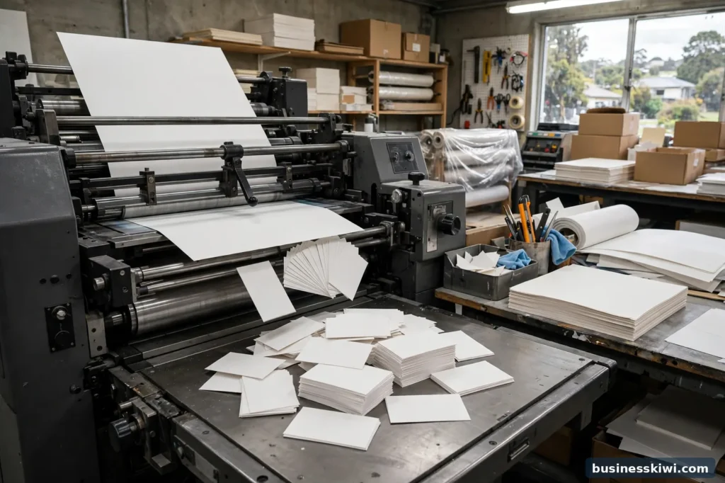 A printing press producing business cards