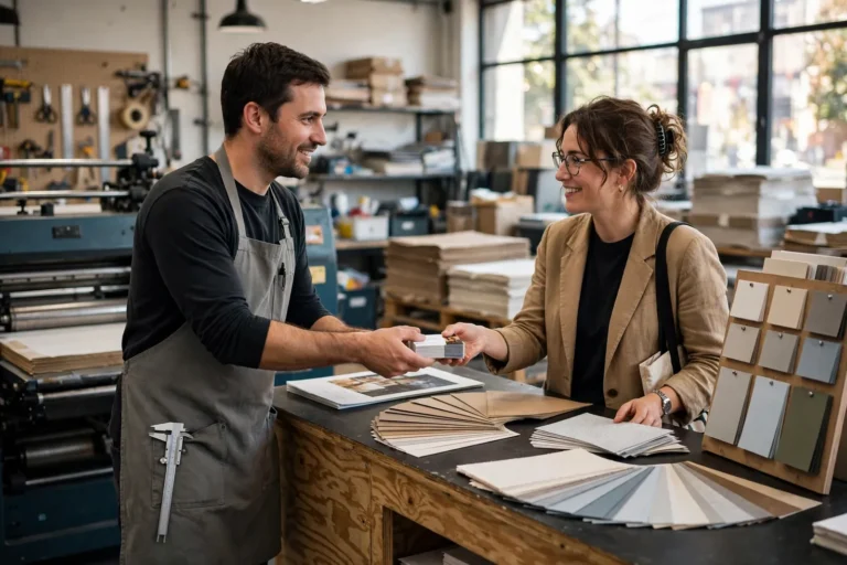 A printer handing a stack of new business cards to a customer in a Tauranga print shop
