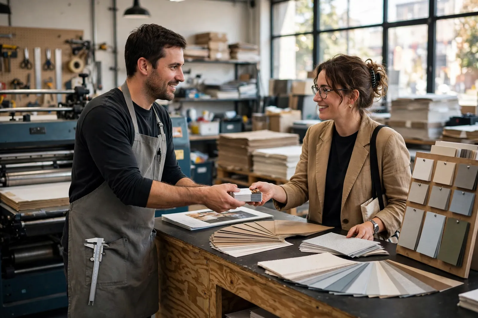 A printer handing a stack of new business cards to a customer in a Tauranga print shop