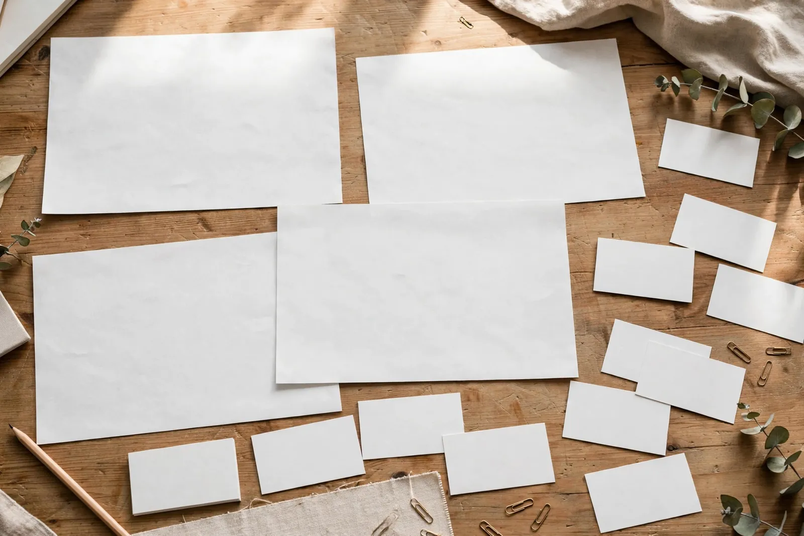 Printed flyers and business cards on a desk