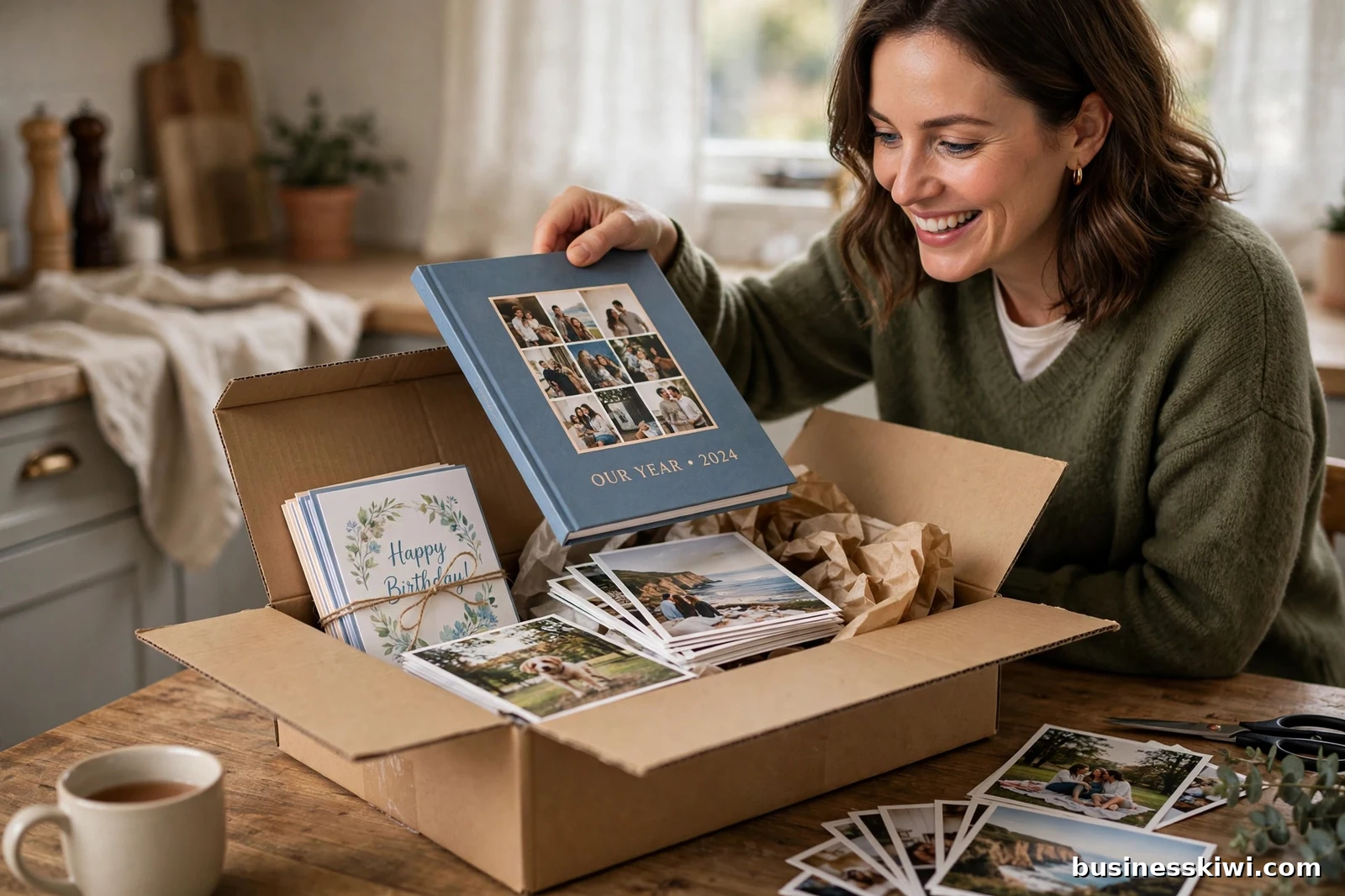 A woman opening a courier parcel of online printing at her kitchen table, lifting out a photo book with greeting cards and photo prints inside, businesskiwi.com
