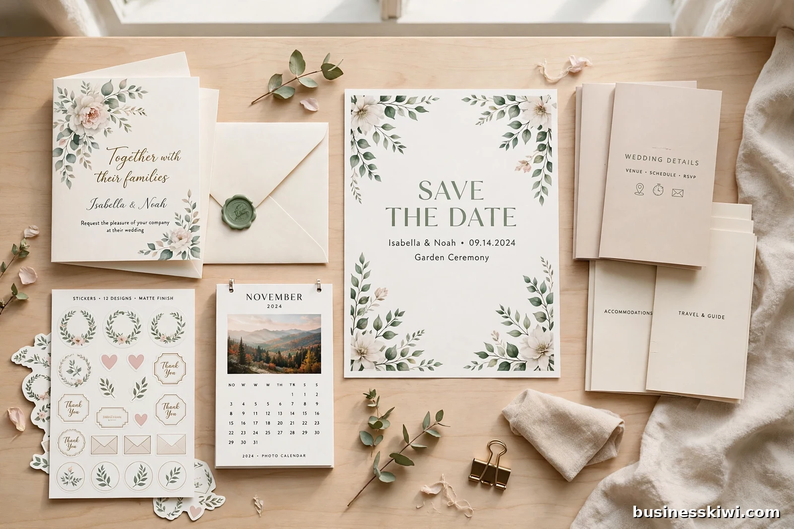 A flat lay of products you can print online in NZ: wedding invitations, a save the date card, stickers, a photo calendar and information booklets, businesskiwi.com
