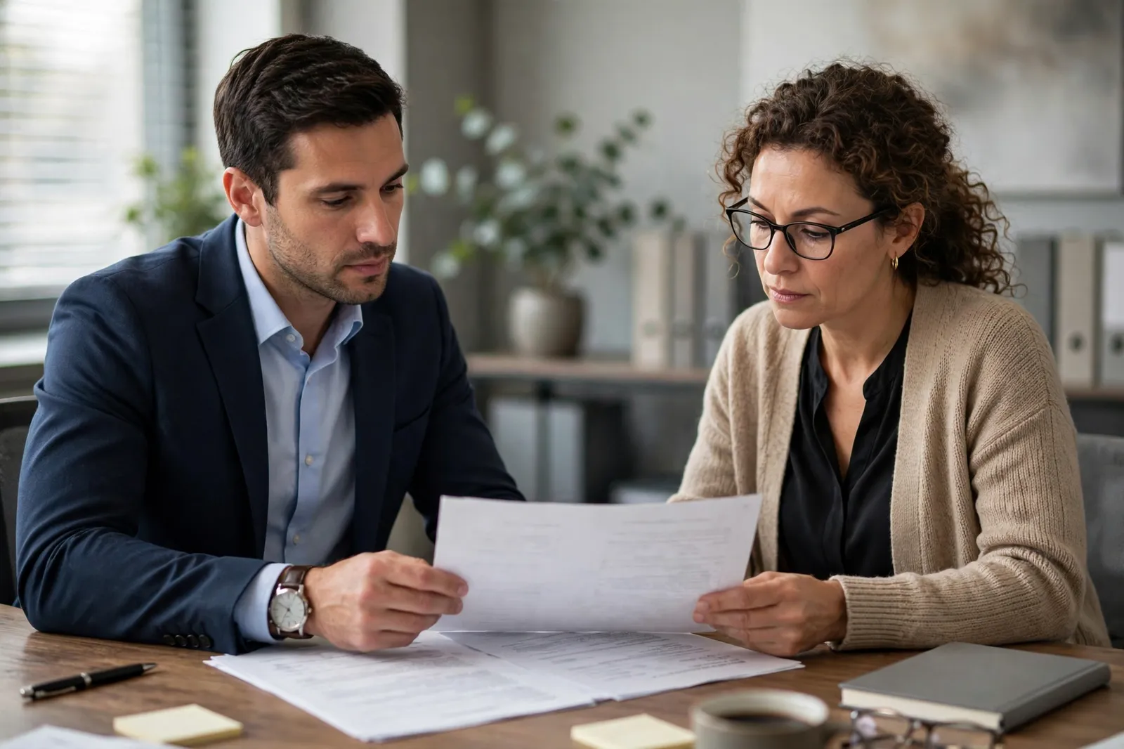 A professional and a client reviewing a professional indemnity policy together