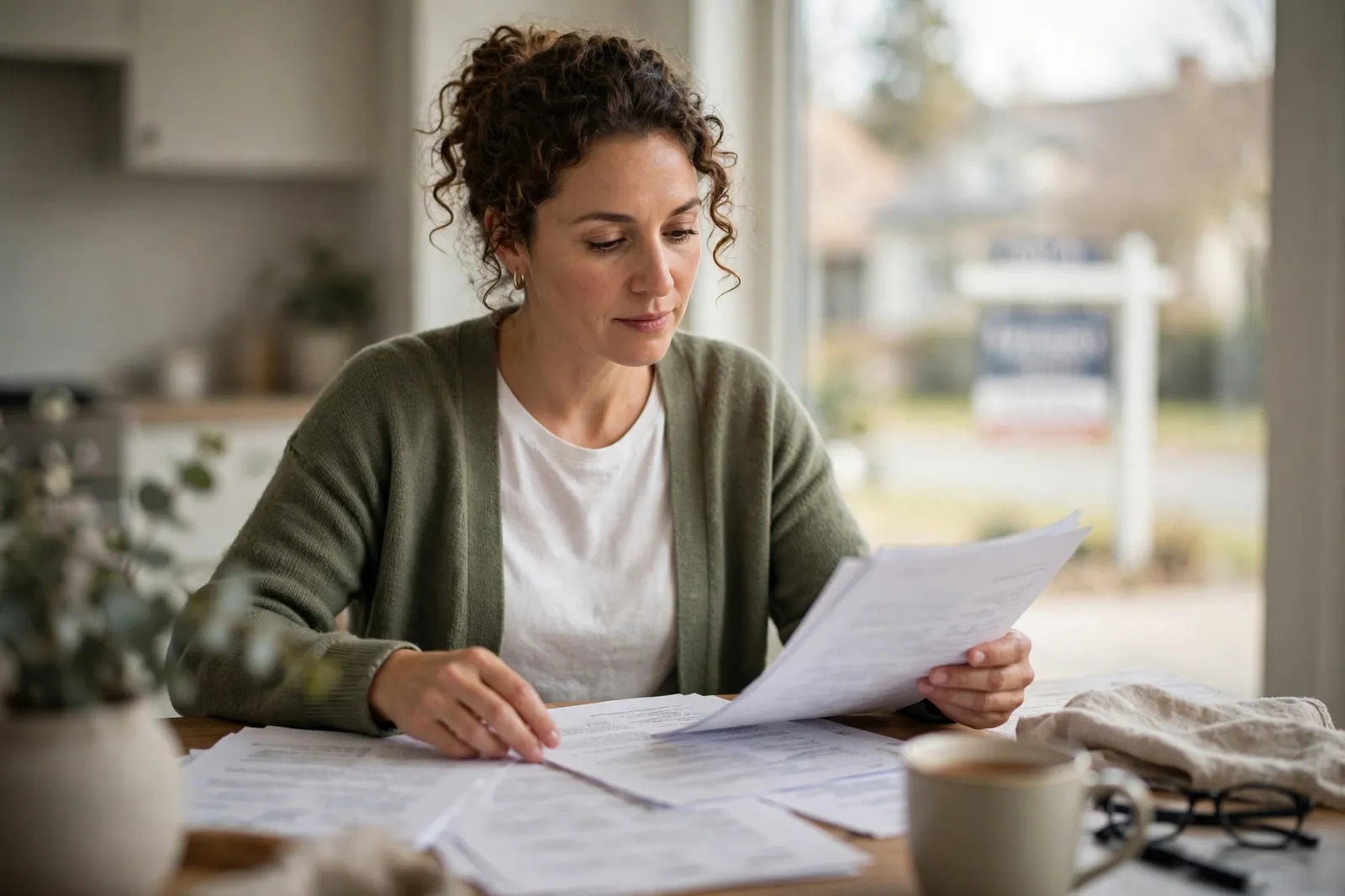 A homeowner reviewing property sale documents at home