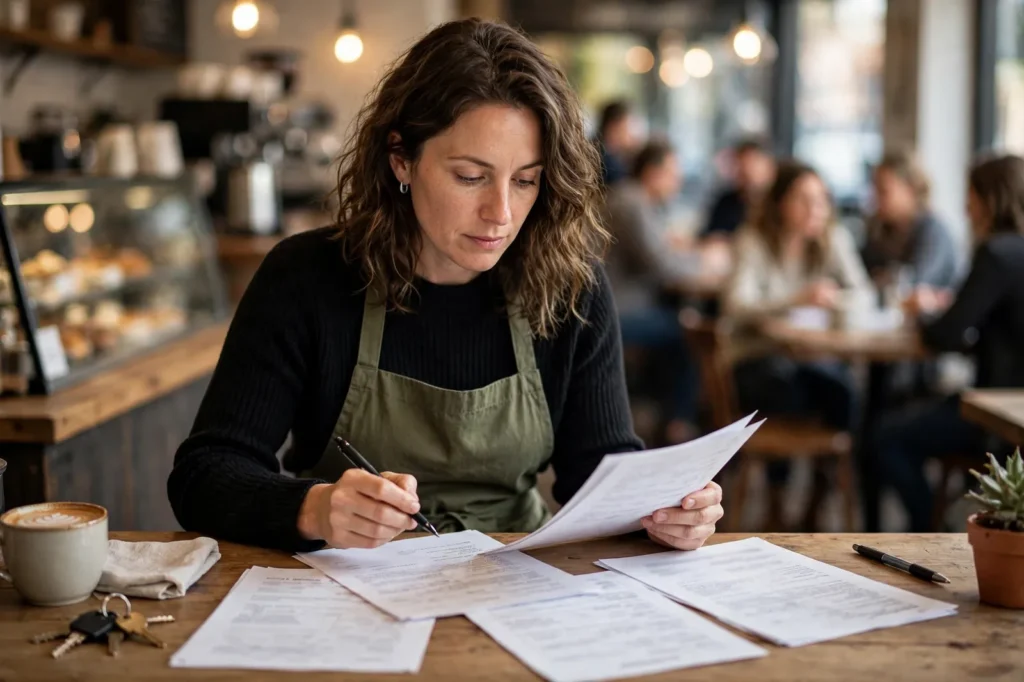 A cafe owner reviewing her public liability insurance documents