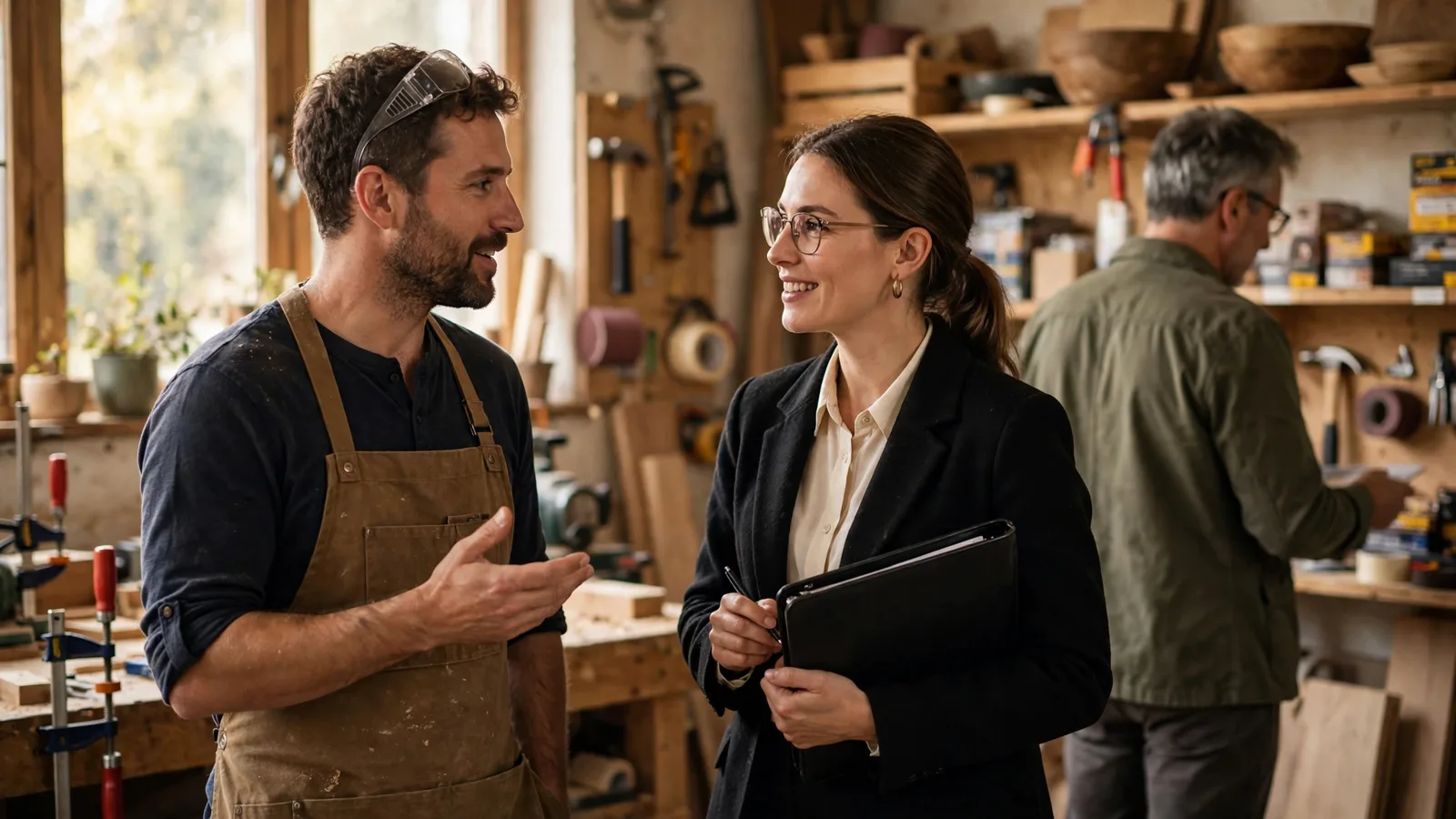 Small business owner in a workshop discussing cover with an insurance adviser in New Zealand