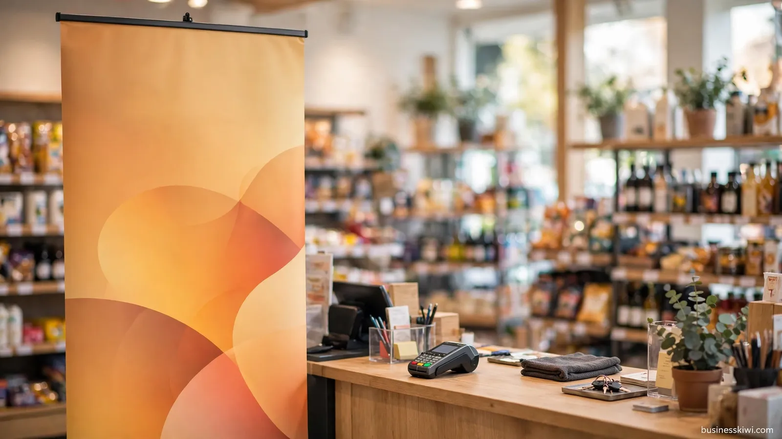 A pull up banner in a retail store