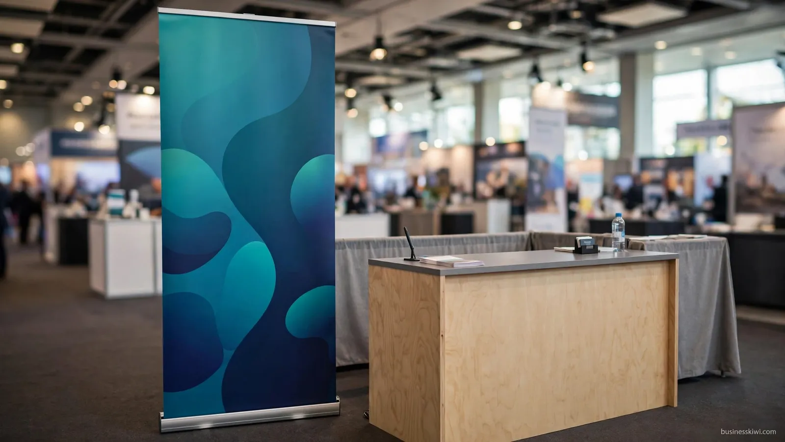 A pull up banner at a trade show stand