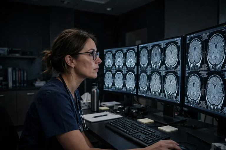 A radiologist reviewing brain scans at a reporting workstation