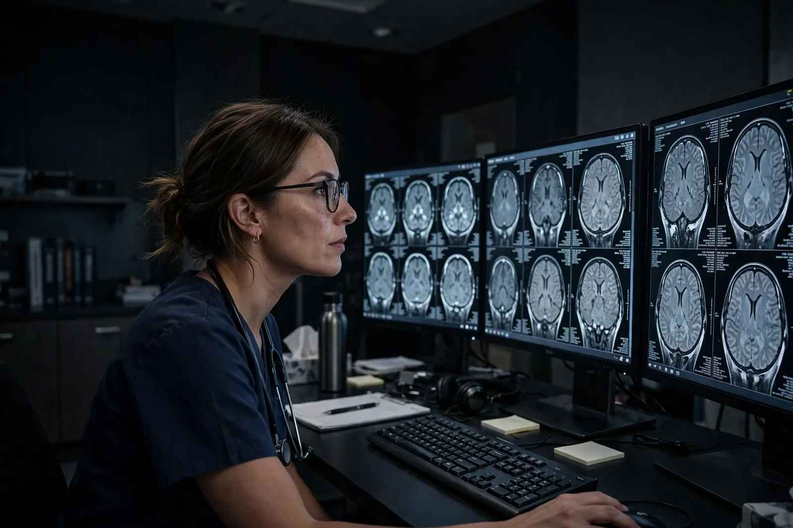 A radiologist reviewing brain scans at a reporting workstation