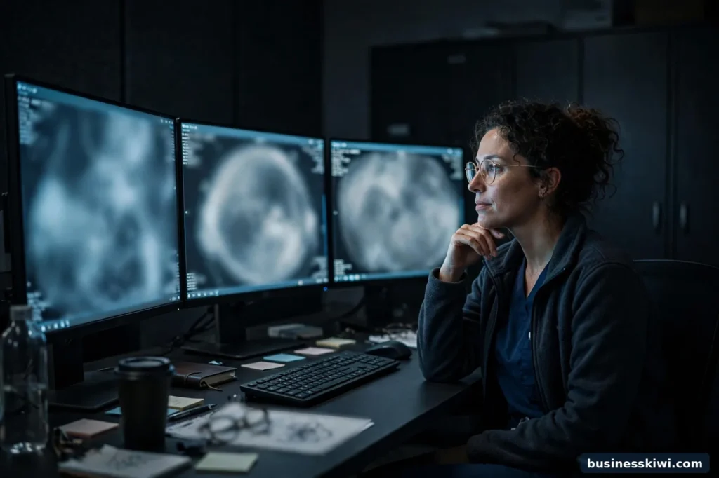 A radiologist reviewing scans on monitors