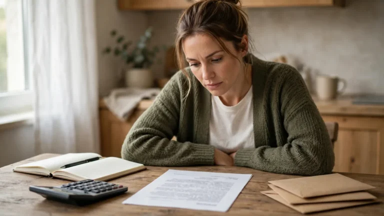 Woman reading a loan contract at a kitchen table with a calculator