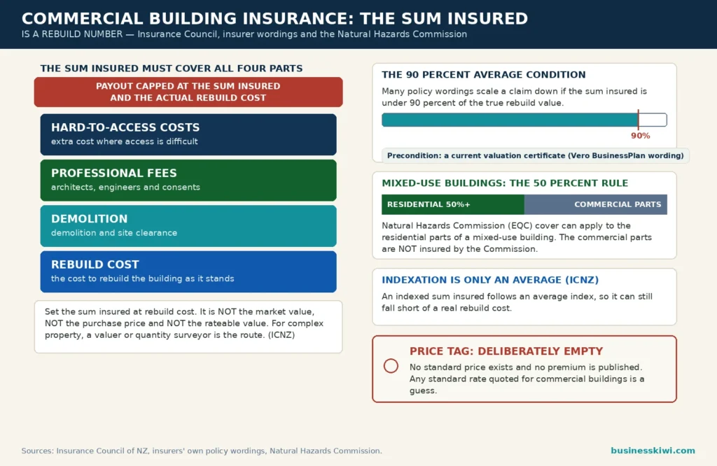 Commercial building insurance sum insured infographic: rebuild cost stack of rebuild, demolition, professional fees and hard-to-access costs, payout capped at the sum insured, 90 percent average condition, 50 percent mixed-use rule, and no standard price published