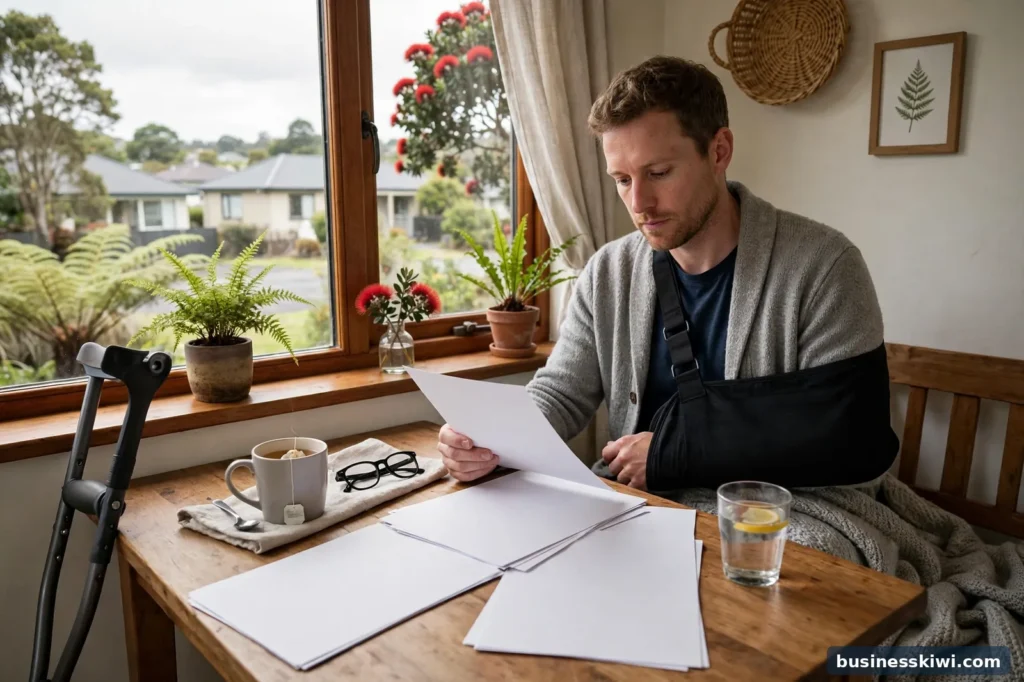 A person recovering at home and reviewing paperwork
