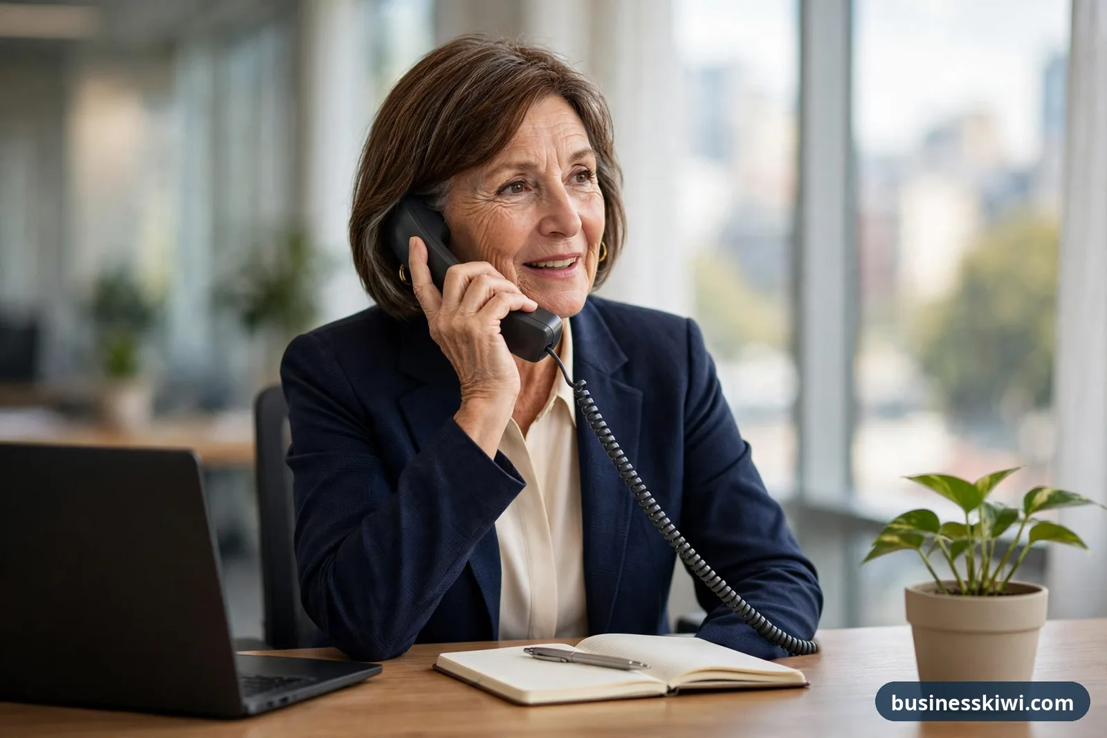 Manager at an office desk taking a reference call about a former staff member, notebook ready businesskiwi.com