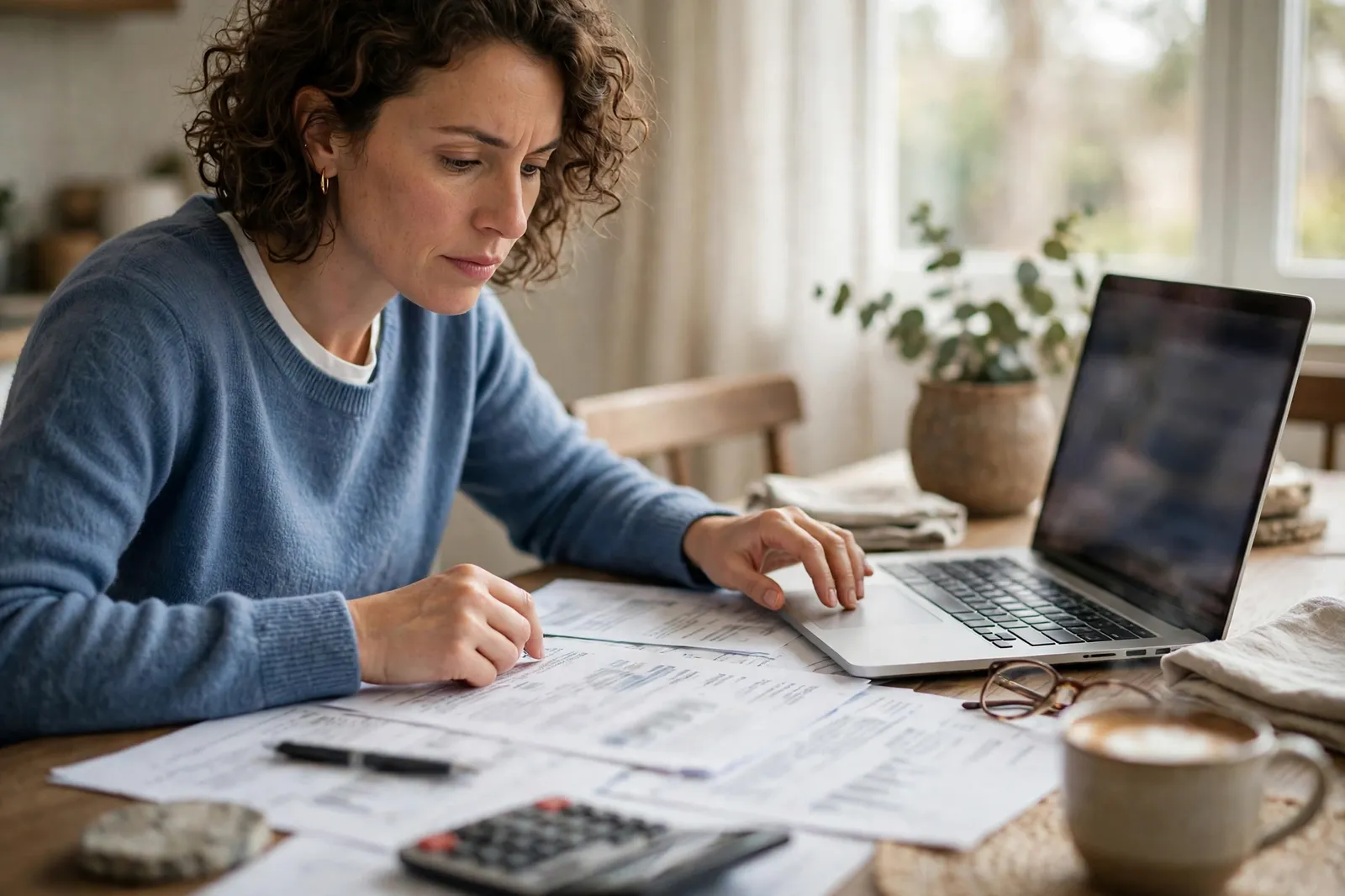A homeowner reviewing refinance documents beside a laptop
