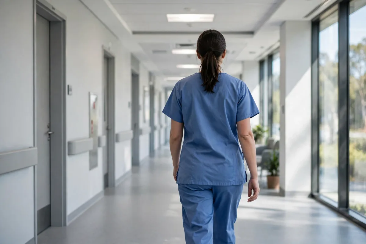 Registered nurse in scrubs reviewing a patient chart in a modern New Zealand hospital ward