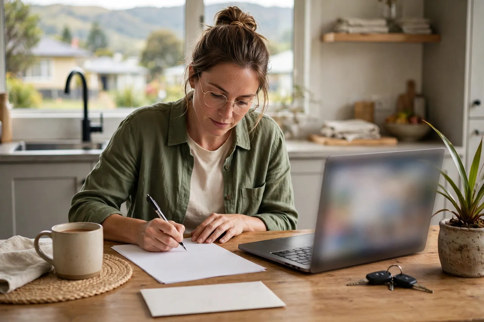 A car owner sorting rego renewal paperwork at home with a laptop and car keys
