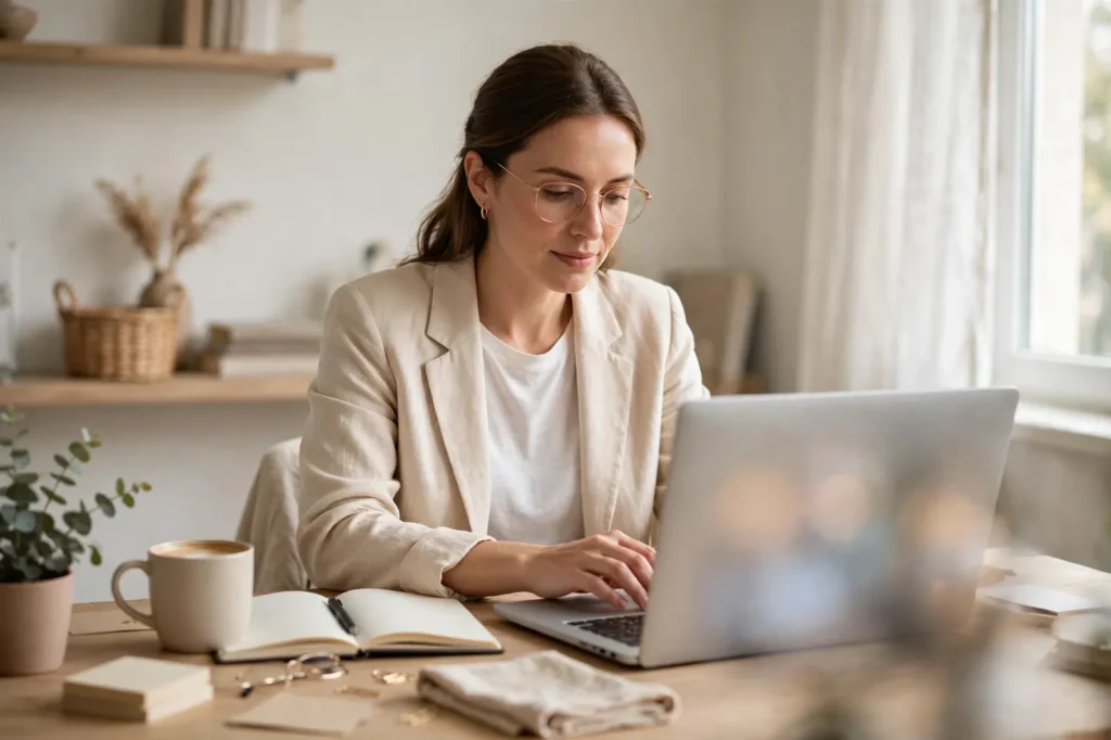 A woman working remotely from her home office