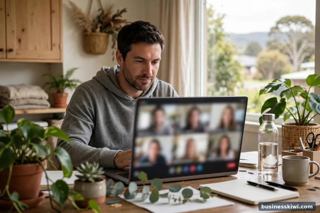 A man on a video call while working remotely from home
