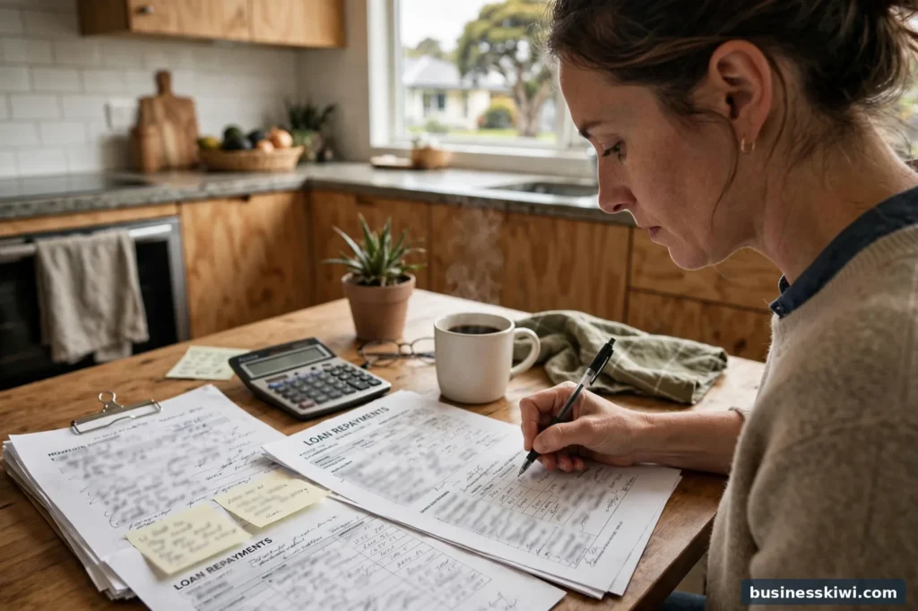 A person working through loan repayments on paper