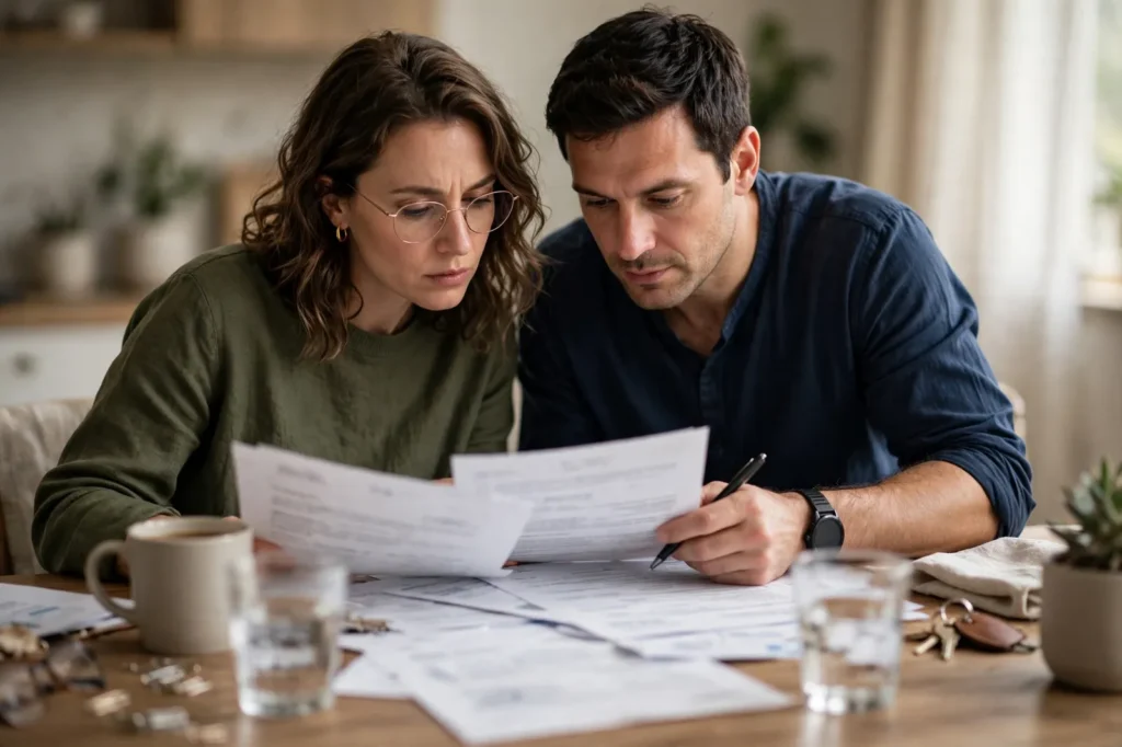 A couple reviewing their partnership residence application forms
